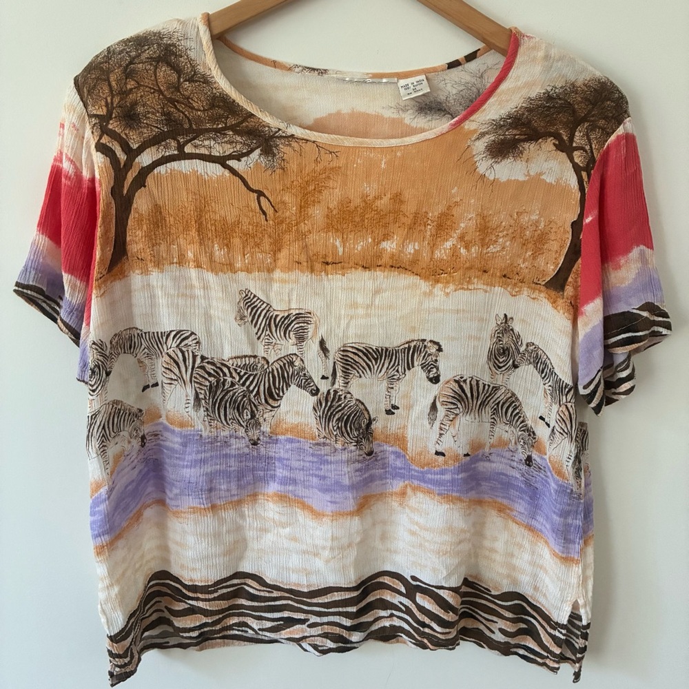 Vintage 90's Causal Studio Rayon Zebra Savannah Blouse Top Size M